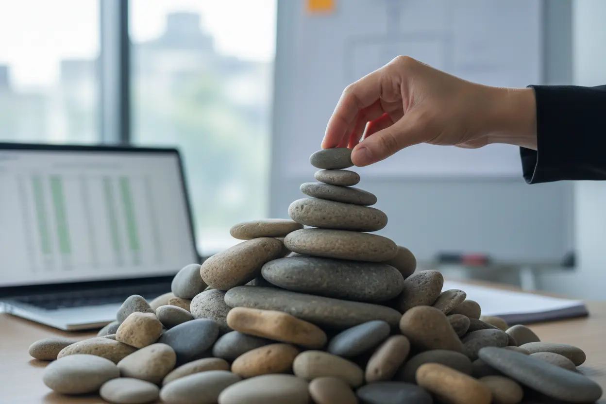 Mão colocando pedra em pilha, simbolizando estratégias para pagar dívidas