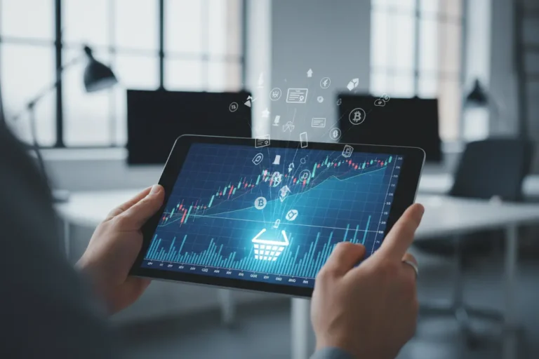 Pessoa segurando tablet com gráfico de ETFs e ativos financeiros