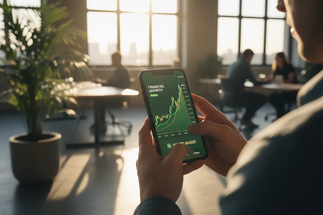 Mãos segurando smartphone com gráfico de ações subindo.