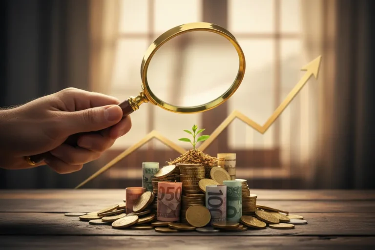 Mão com lupa sobre moedas e notas, simbolizando o crescimento financeiro por juros compostos.