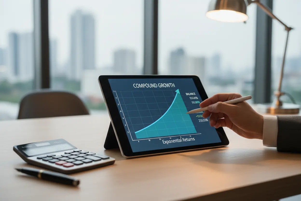 Mão interagindo com tablet mostrando gráfico de juros compostos.