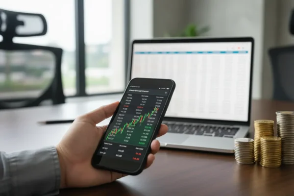 Person analyzing data in an app to calculate the fair price of a share method.