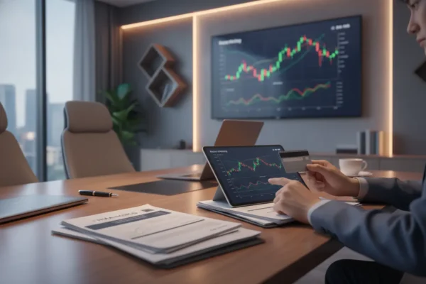 Pessoa analisando contrato de financiamento com cartão de crédito e tablet