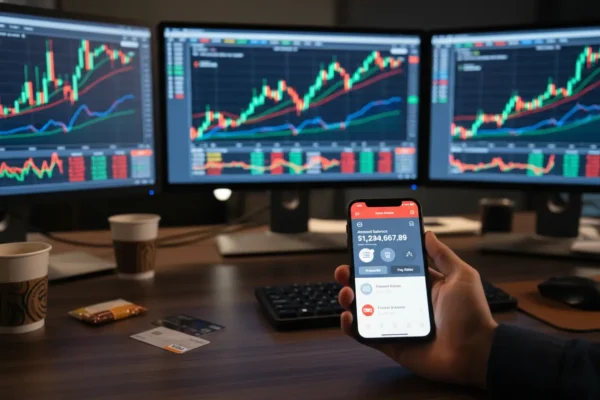 How the futures market works for beginners: screen with charts and investment app.