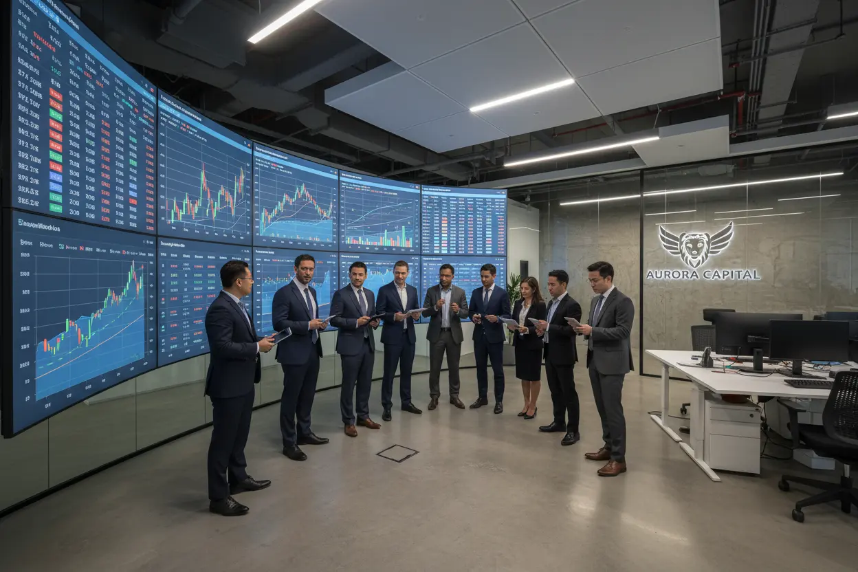 Analistas financeiros em reunião, analisando dados de IPO.