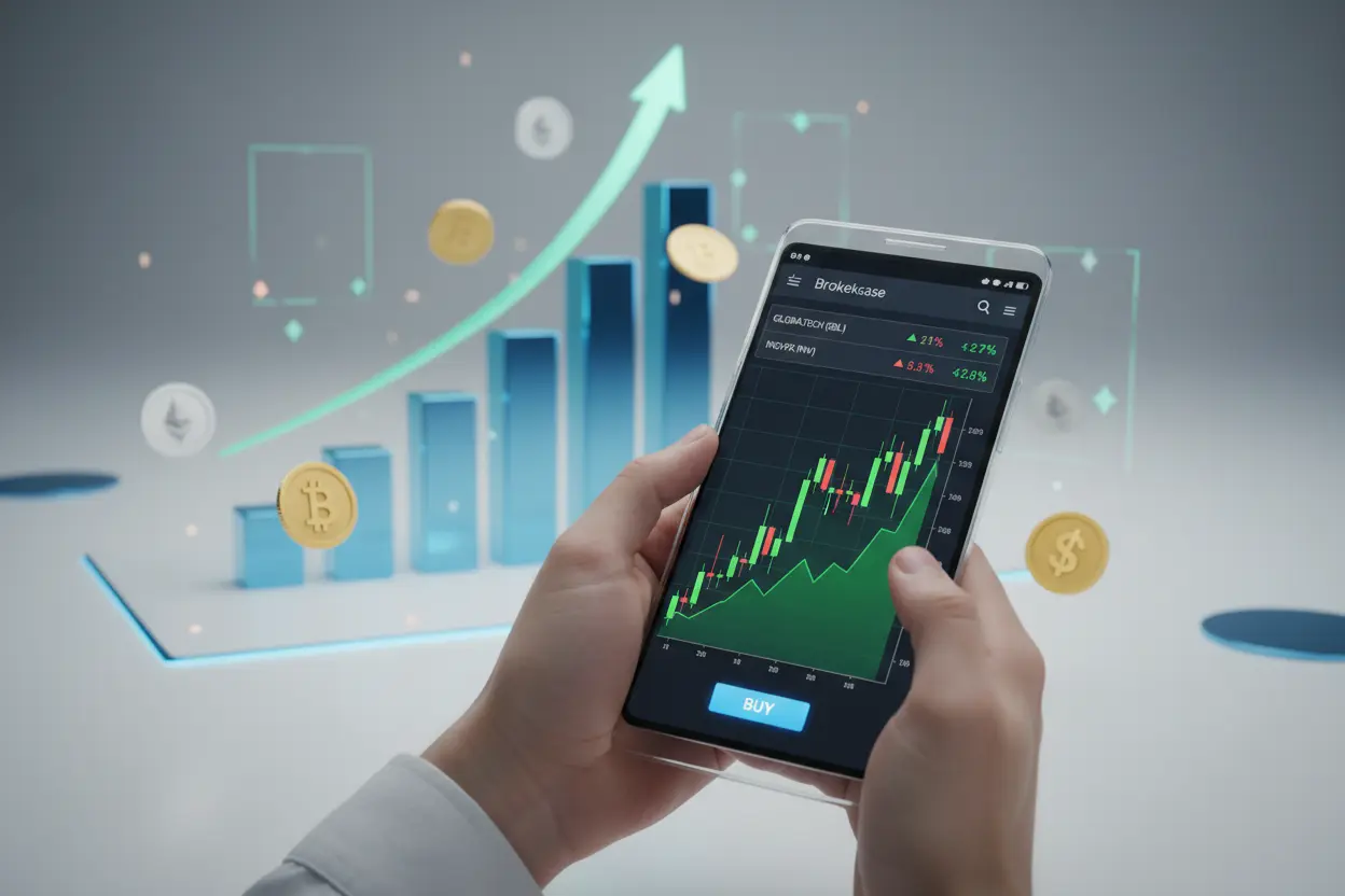 Smartphone, aplicativo de corretora, compra de ações, gráfico financeiro