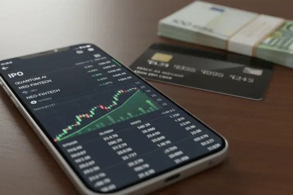Smartphone com app de investimento em IPO, cartão de crédito e notas de dinheiro.