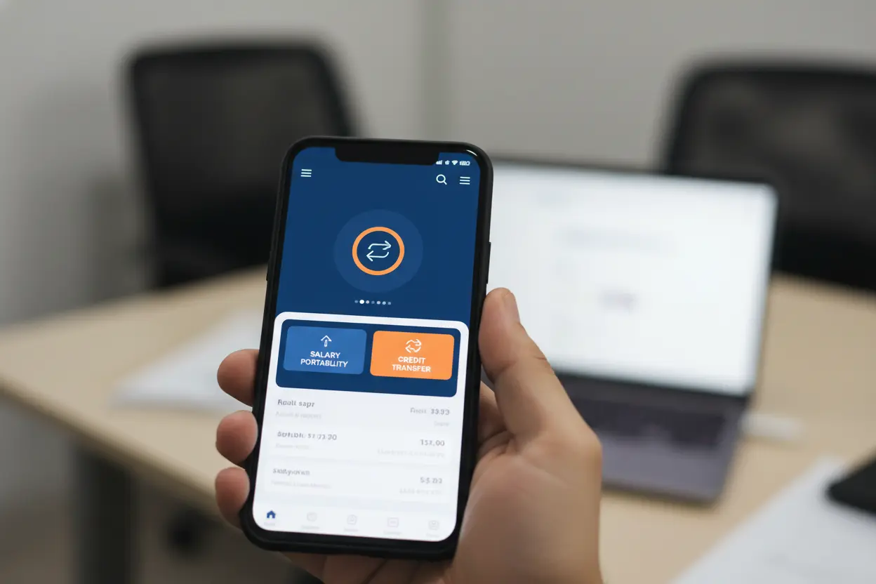 Mão segurando smartphone com aplicativo de portabilidade.