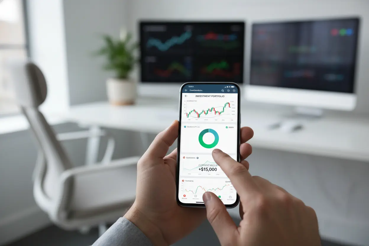 Mãos usando celular com aplicativos de investimento abertos