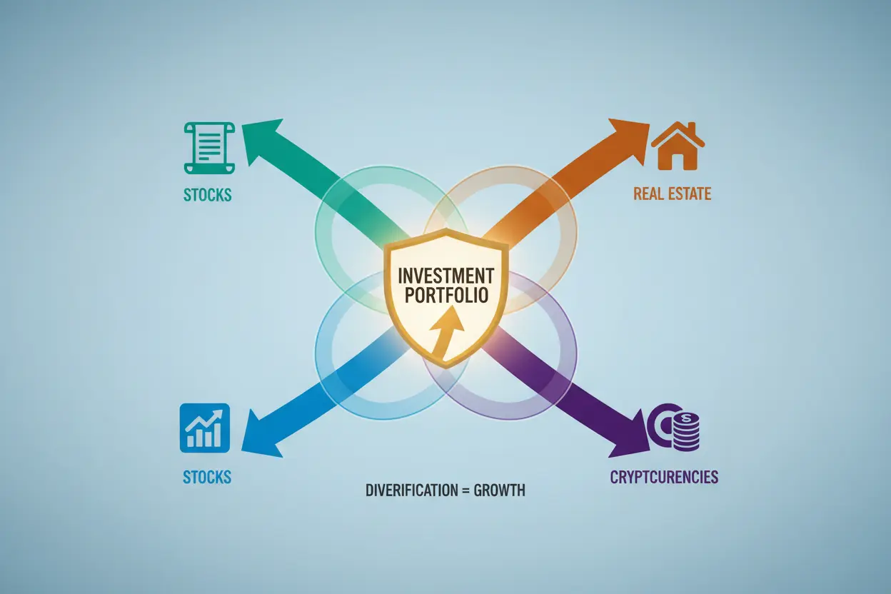 Ativos para Diversificar Infográfico com diferentes tipos de ativos financeiros para diversificação.