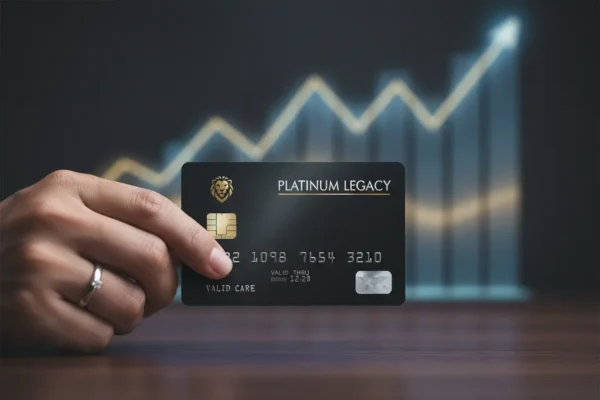 Hand holding a credit card with an investment chart in the background