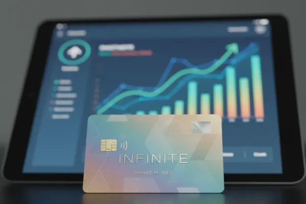 Cartão de crédito e tela de aplicativo de investimento com gráficos