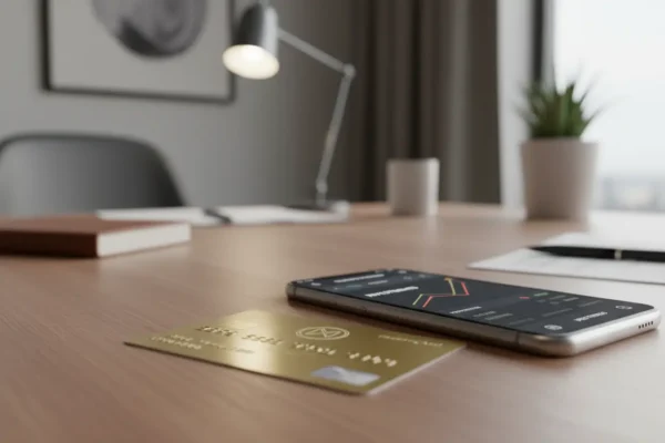 Cartão de crédito premium, aplicativo de investimento, gráficos financeiros