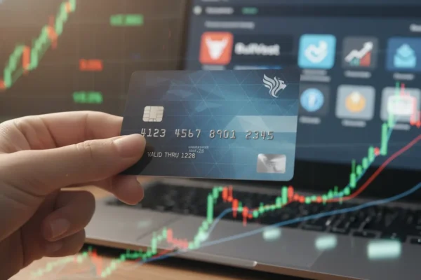 Person holding a credit card with financial graphs in the background