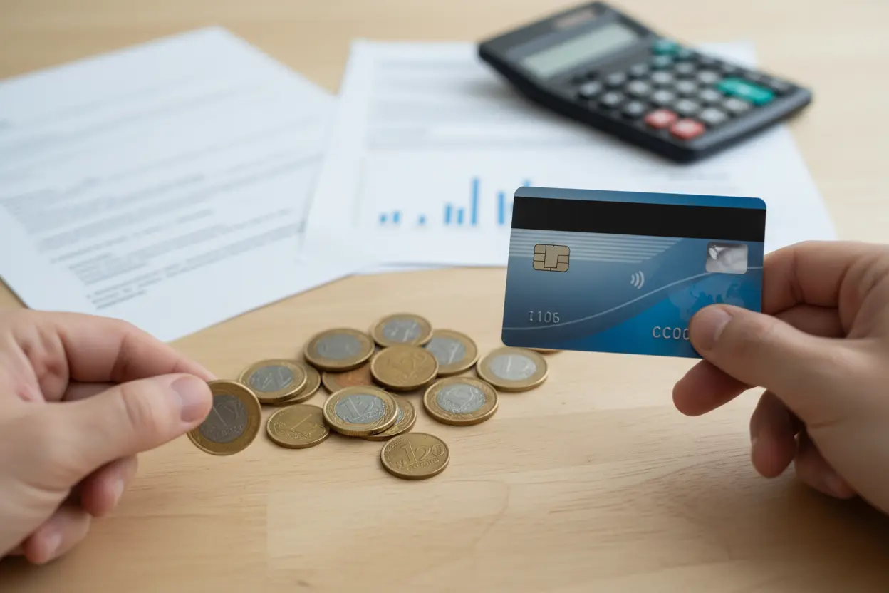 Cartão de crédito e moedas para quitar dívidas