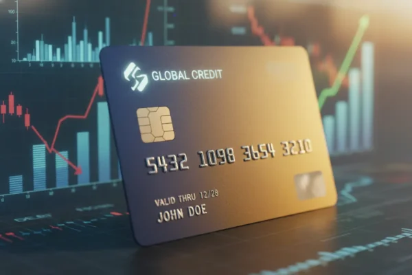 Cartão de crédito com gráficos financeiros ao fundo, representando juros compostos