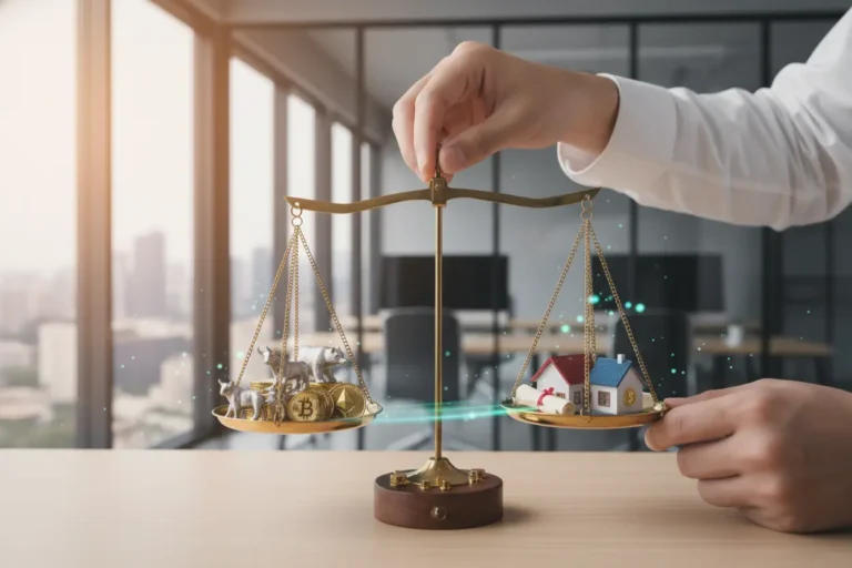 Mãos organizando símbolos de investimentos em uma balança, representando uma carteira diversificada.