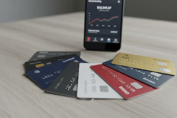 Cartões de crédito e débito com aplicativo de banco.
