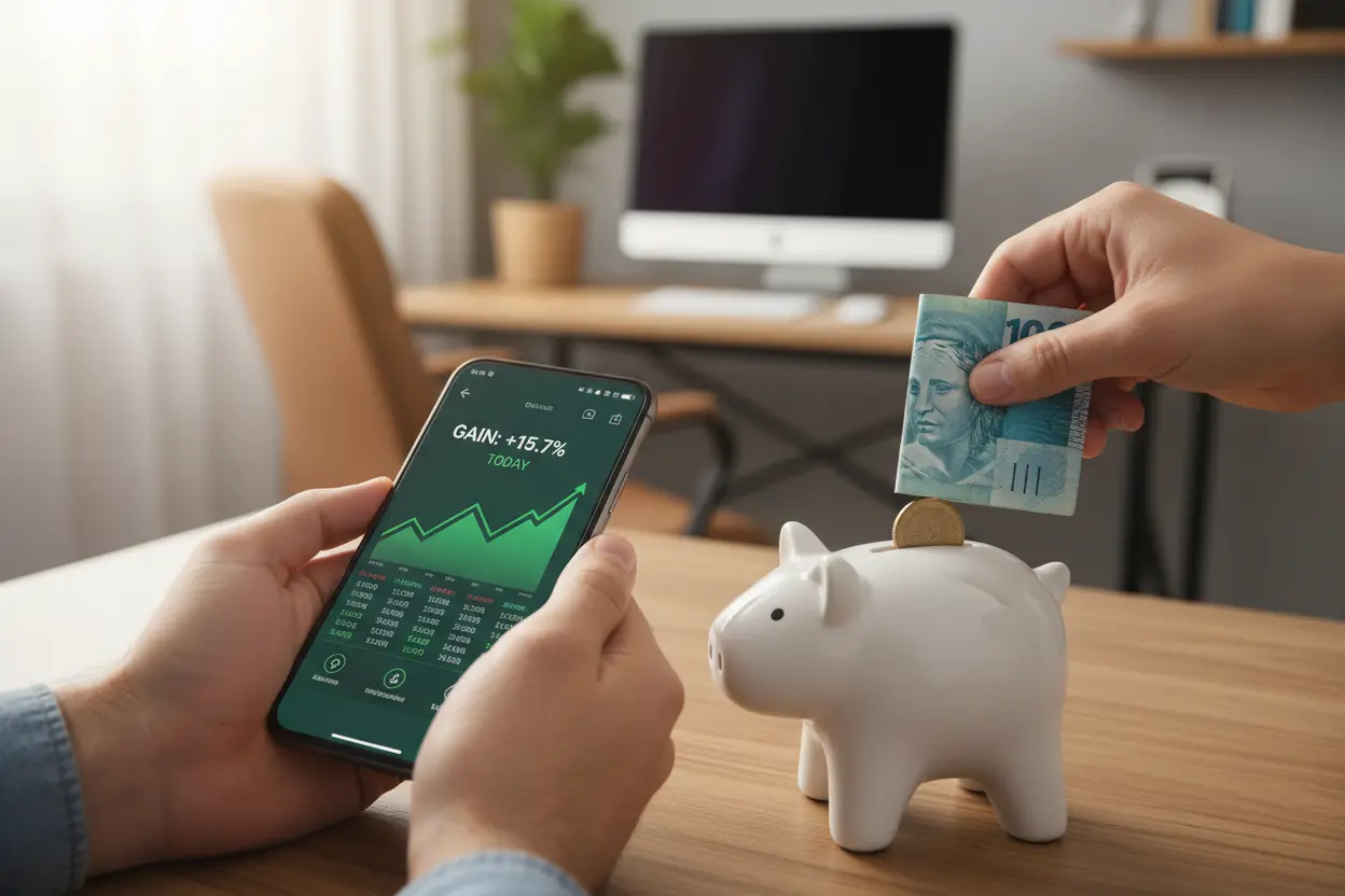 Mãos investindo 100 reais por mês em um cofrinho e aplicativo financeiro