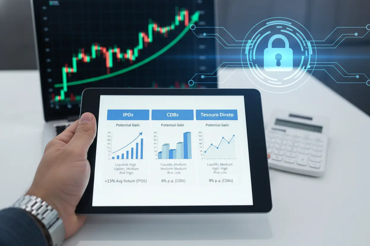 Tablet mostrando comparação de IPOs com outros investimentos.