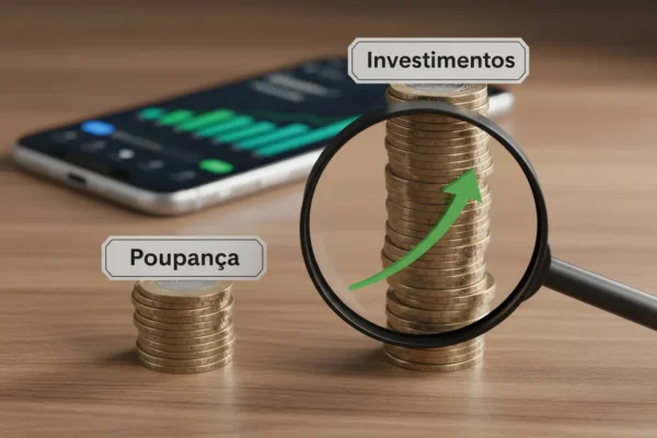 Moedas de real em duas pilhas, uma pequena para poupança e uma grande para investimentos, com smartphone exibindo app financeiro.