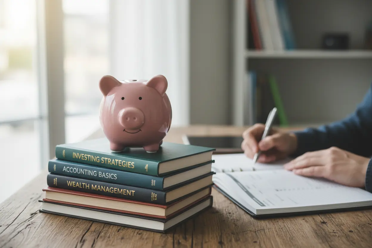 Livros e cofrinho representando pilares essenciais para renda passiva