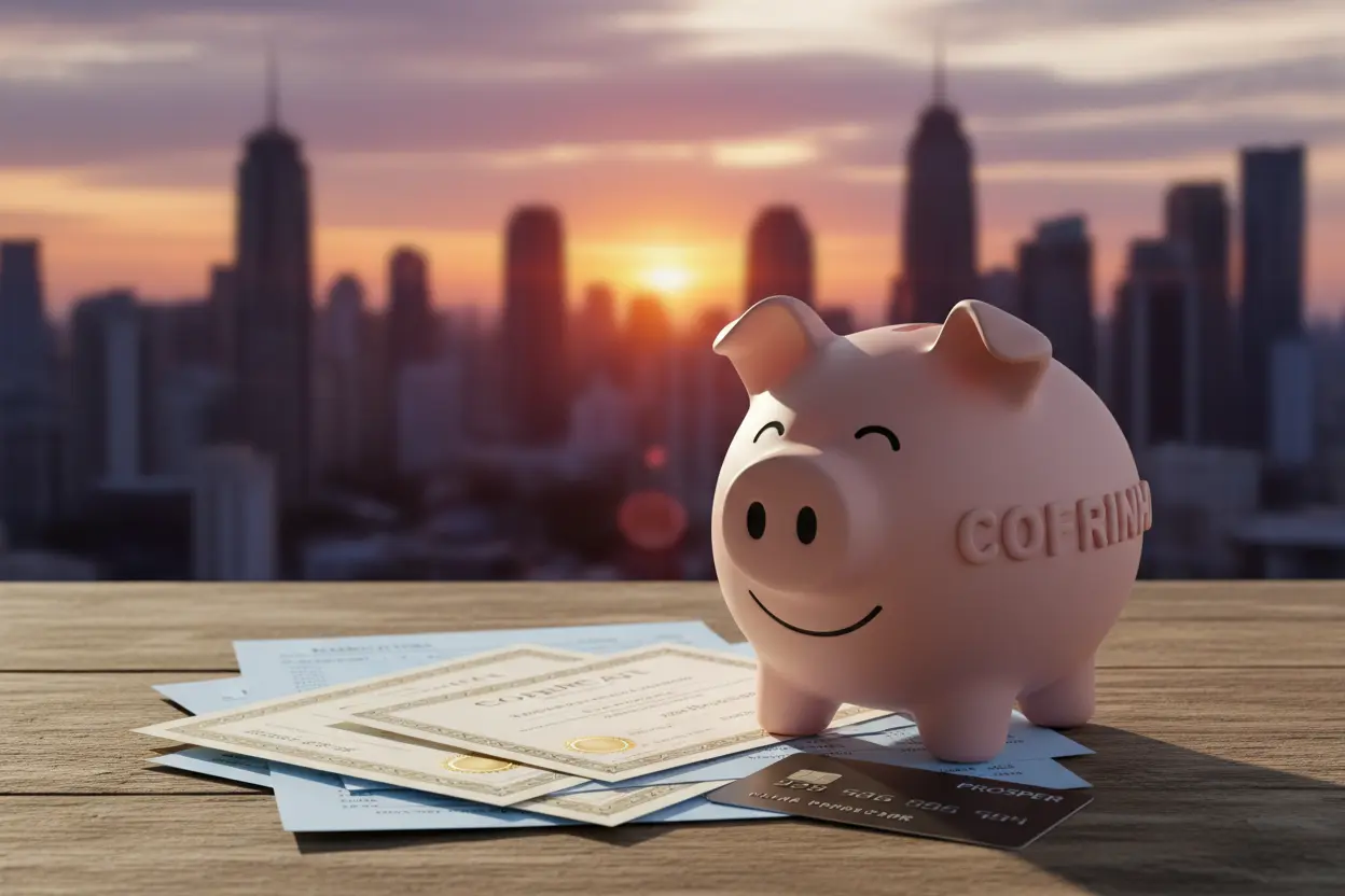 Cofre, documentos financeiros e cartão de crédito em mesa, com cidade ao fundo.