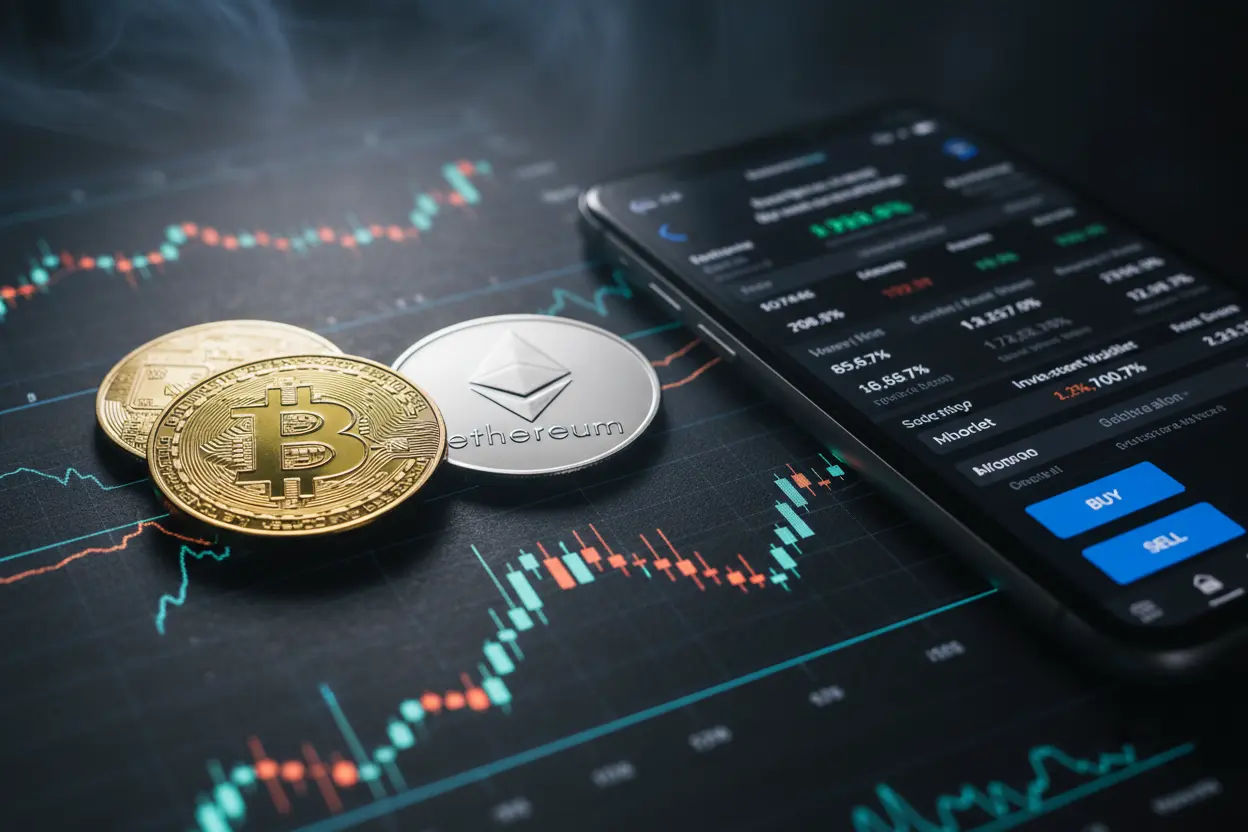 Moedas digitais e gráficos de investimento em criptomoedas