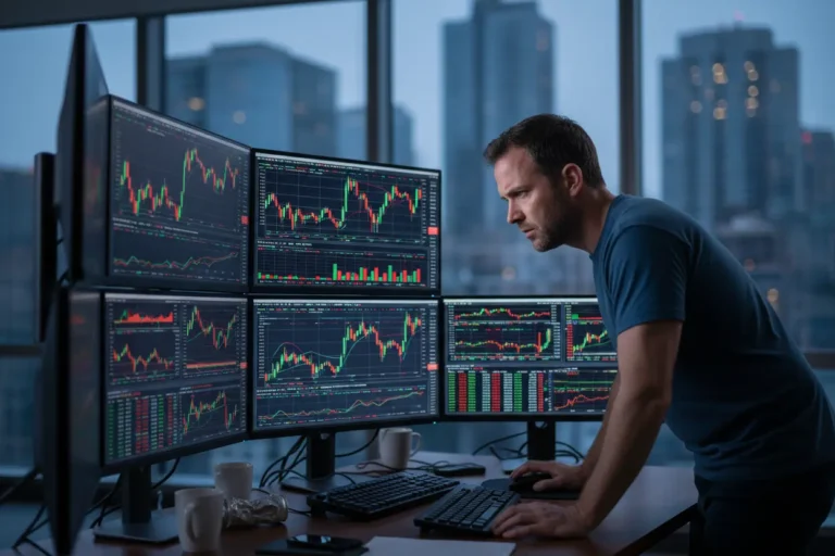 Pessoa analisando gráficos de Day Trade com expressão focada