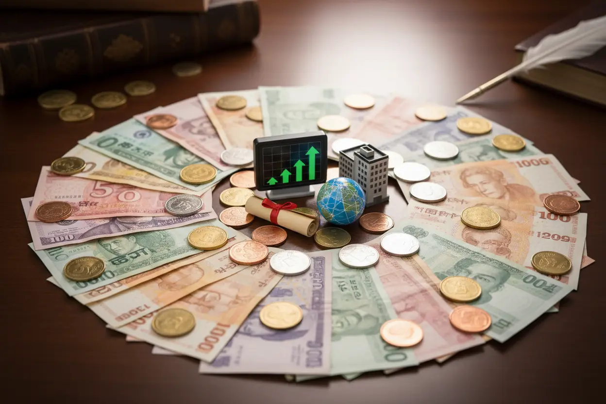 Currencies and financial assets symbolizing diversification of investment funds
