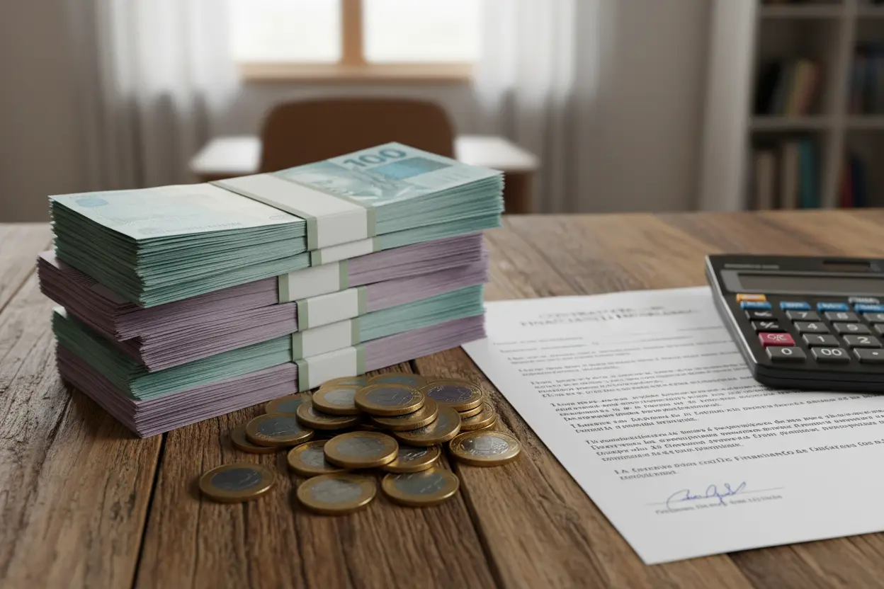 Dinheiro, calculadora e contrato de financiamento imobiliário