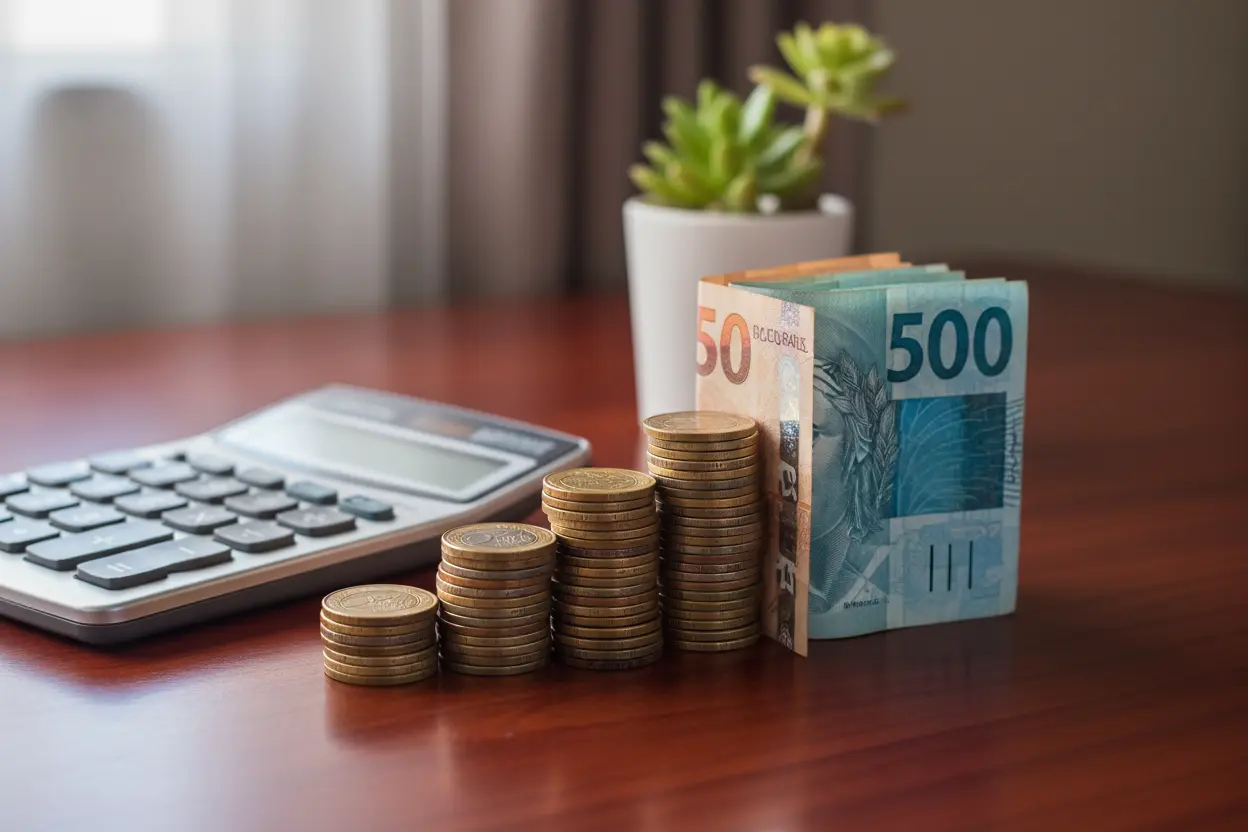 Pilha de moedas e notas de Real com calculadora