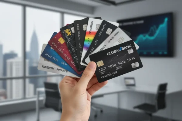 Hands holding several credit cards from different banks.