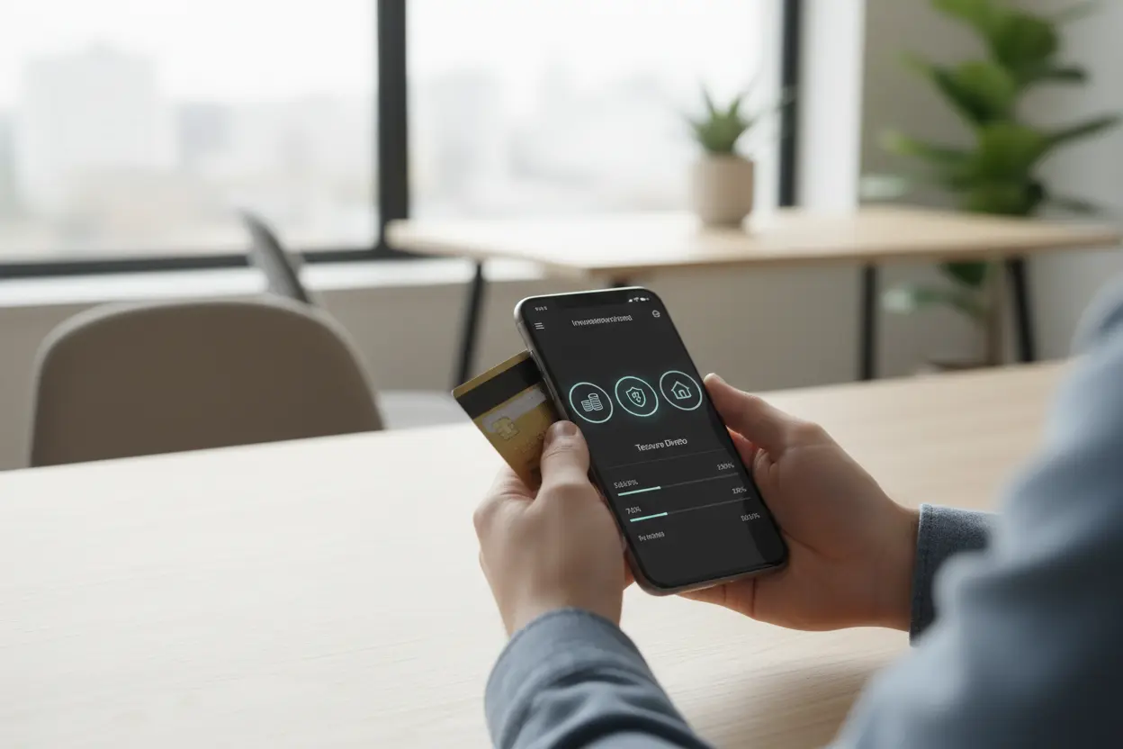 Mãos usando app de investimentos no celular, com cartão de crédito, em ambiente de escritório.