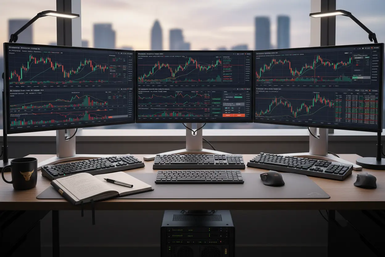 O que é Day Trade e riscos: mesa de trader com gráficos e ferramentas