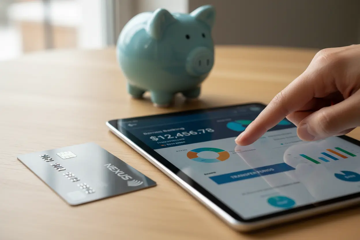 Mão usando app bancário e cartão de crédito