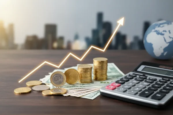 Financial chart with coins and calculator showing what ROI is calculate