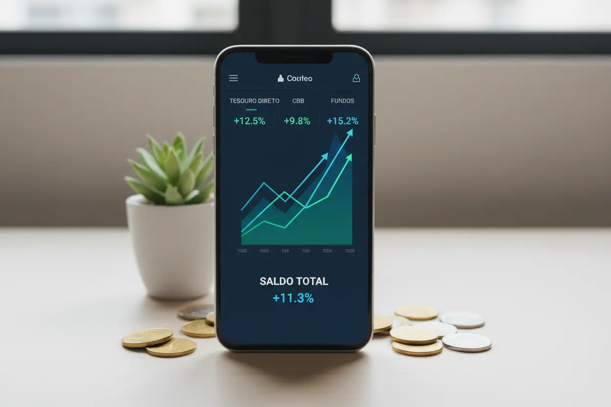 Tela de celular com aplicativo de investimentos e moedas.