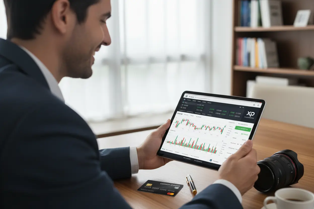 Investidor feliz usando corretora para calcular o preço justo de uma ação método e investir.