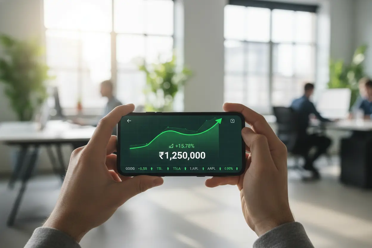 Pessoa usando aplicativo de investimento em smartphone, com gráficos de crescimento