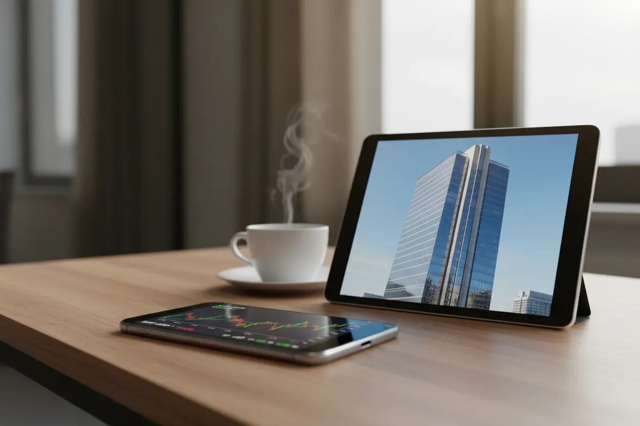 Gráfico de ações e imagem de edifício para investimentos