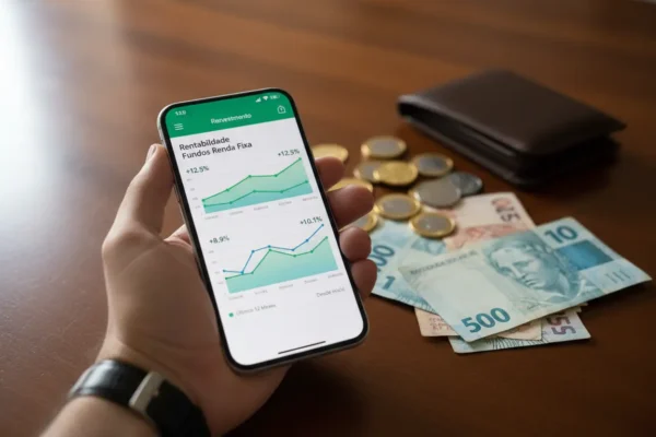 Cell phone screen with investment app showing fixed income funds: is it worth it, or go directly?