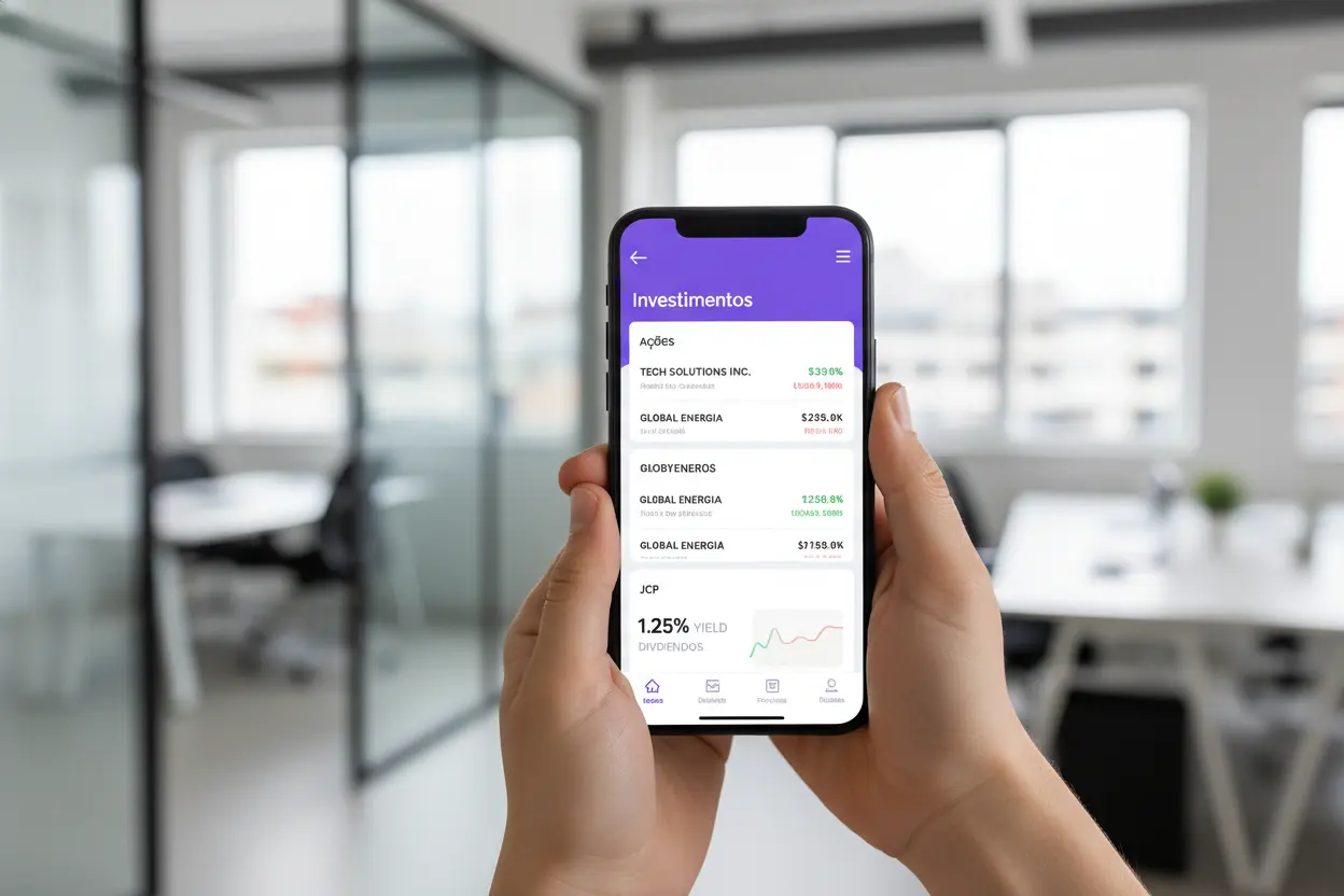 Aplicativo de banco digital mostrando investimentos em Juros Sobre Capital Próprio.