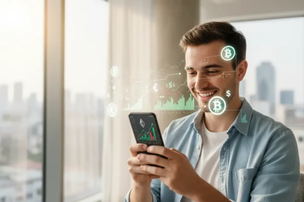 Person using cell phone to apply tips for those who want to start investing from scratch