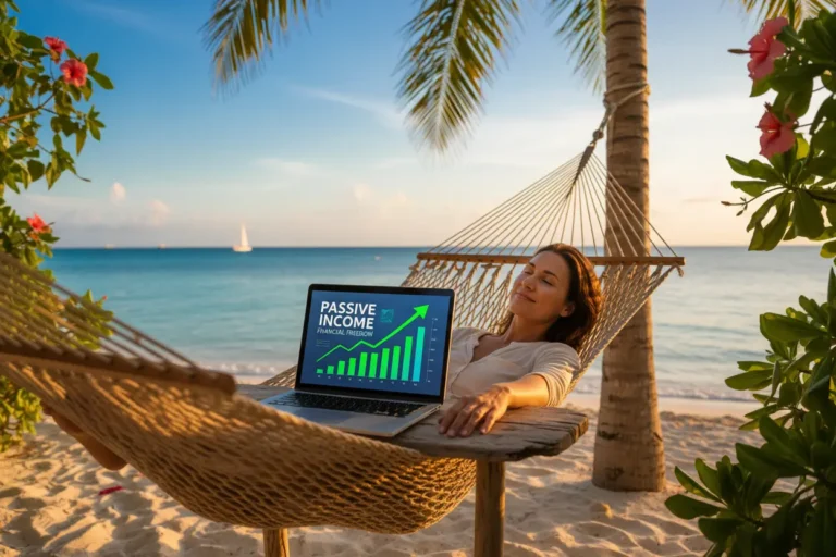 Pessoa relaxando na praia, vivendo de renda passiva