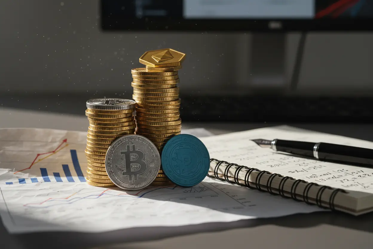 Pilha de moedas, gráfico financeiro, planejamento de riqueza, investimento