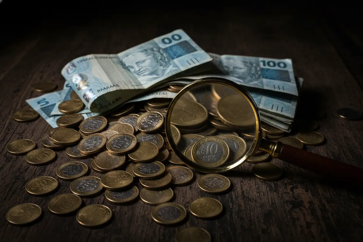 Moedas e notas brasileiras com lupa, simbolizando o impacto dos juros no dinheiro