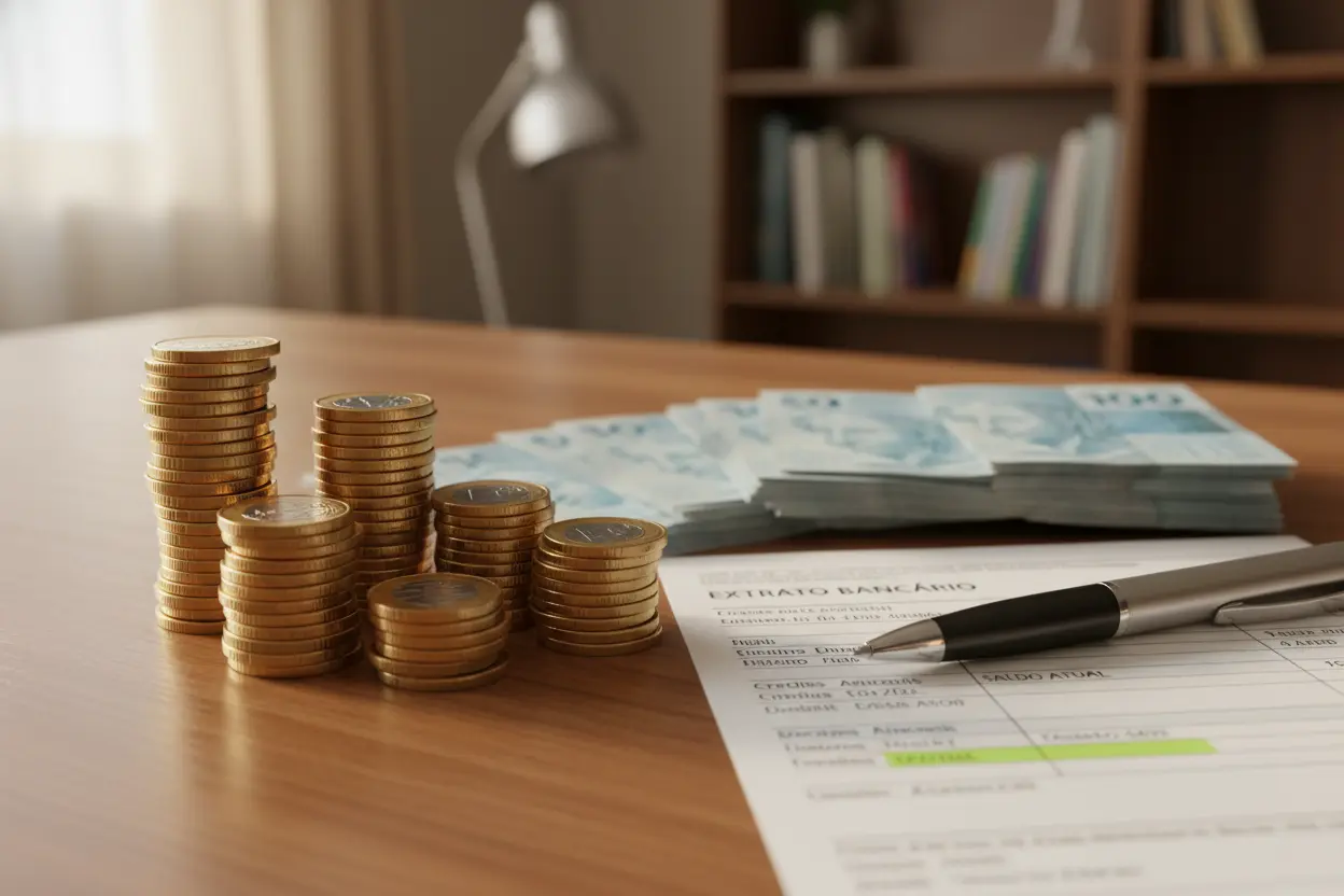 Planejamento financeiro com moedas e extrato bancário para JCP.
