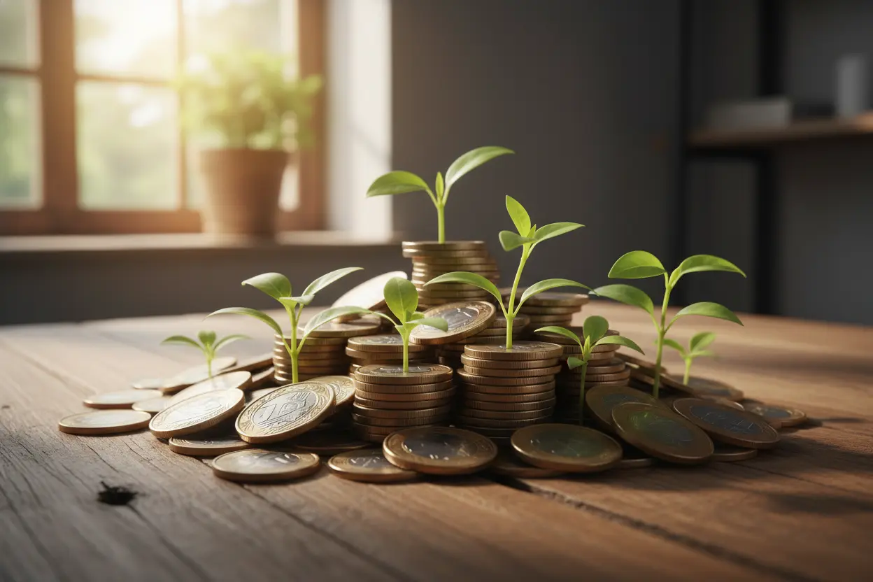 Moedas e notas com brotos verdes simbolizando dividendos
