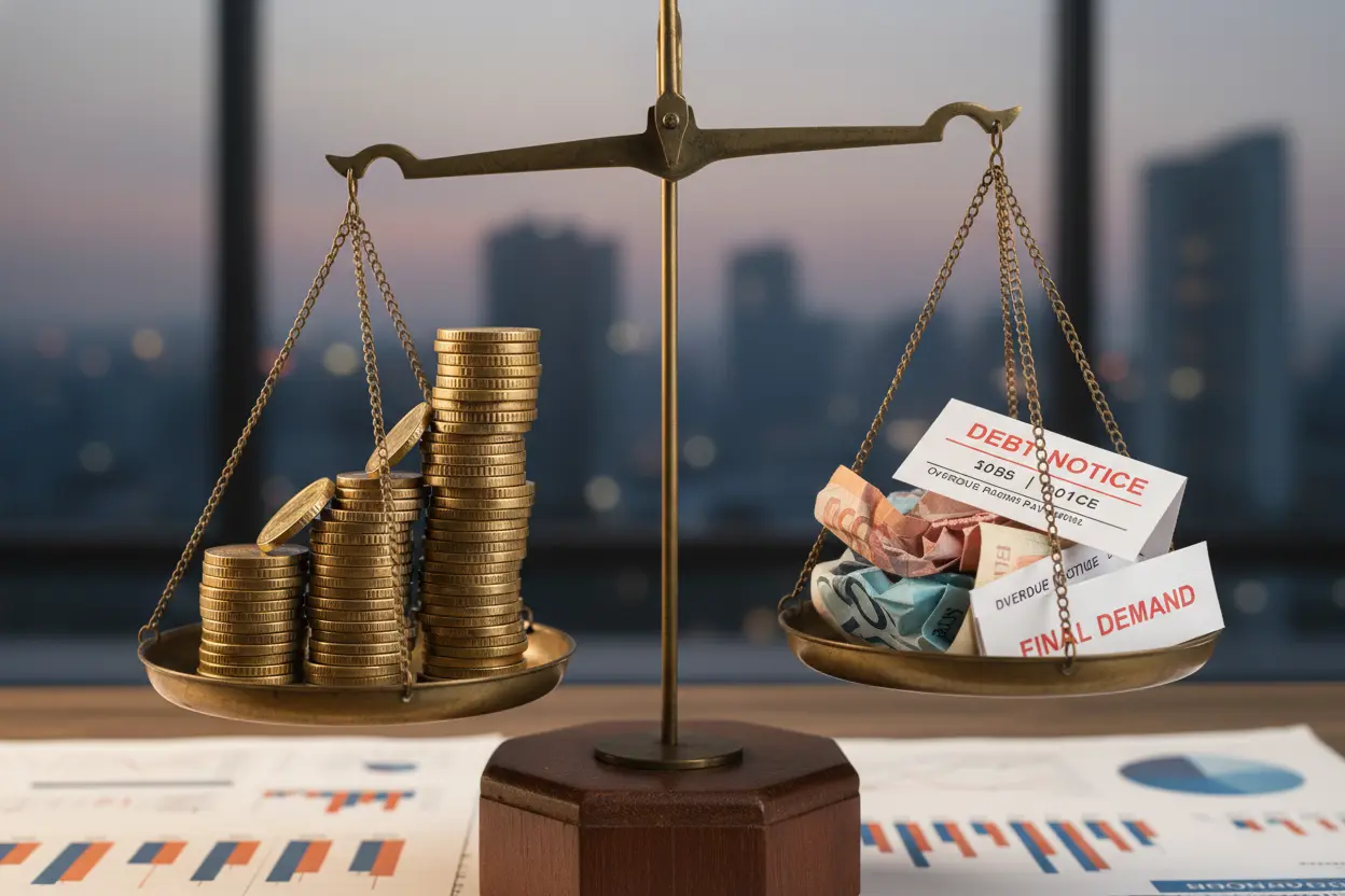 Balança com moedas de investimento e notas de dívida.